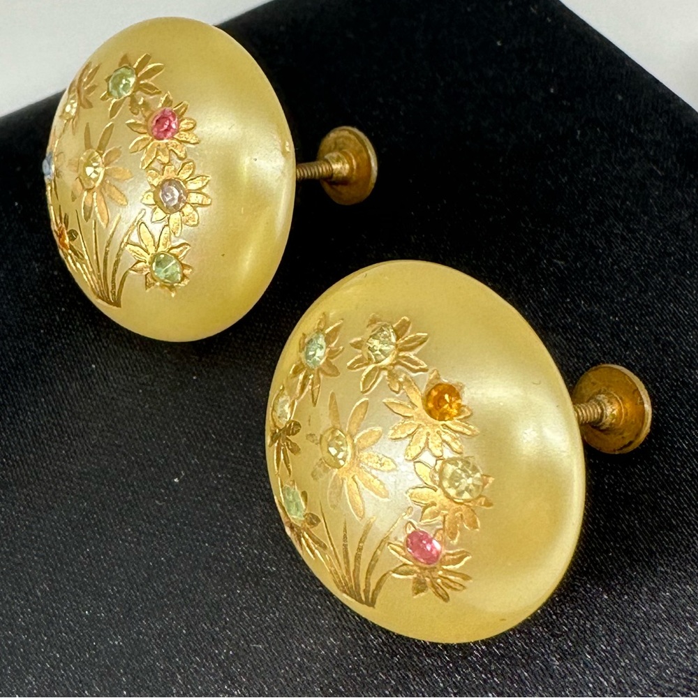VINTAGE Multicolored Rhinestone Pearlescent Screwback nonpierced Earrings - Picture 6 of 11
